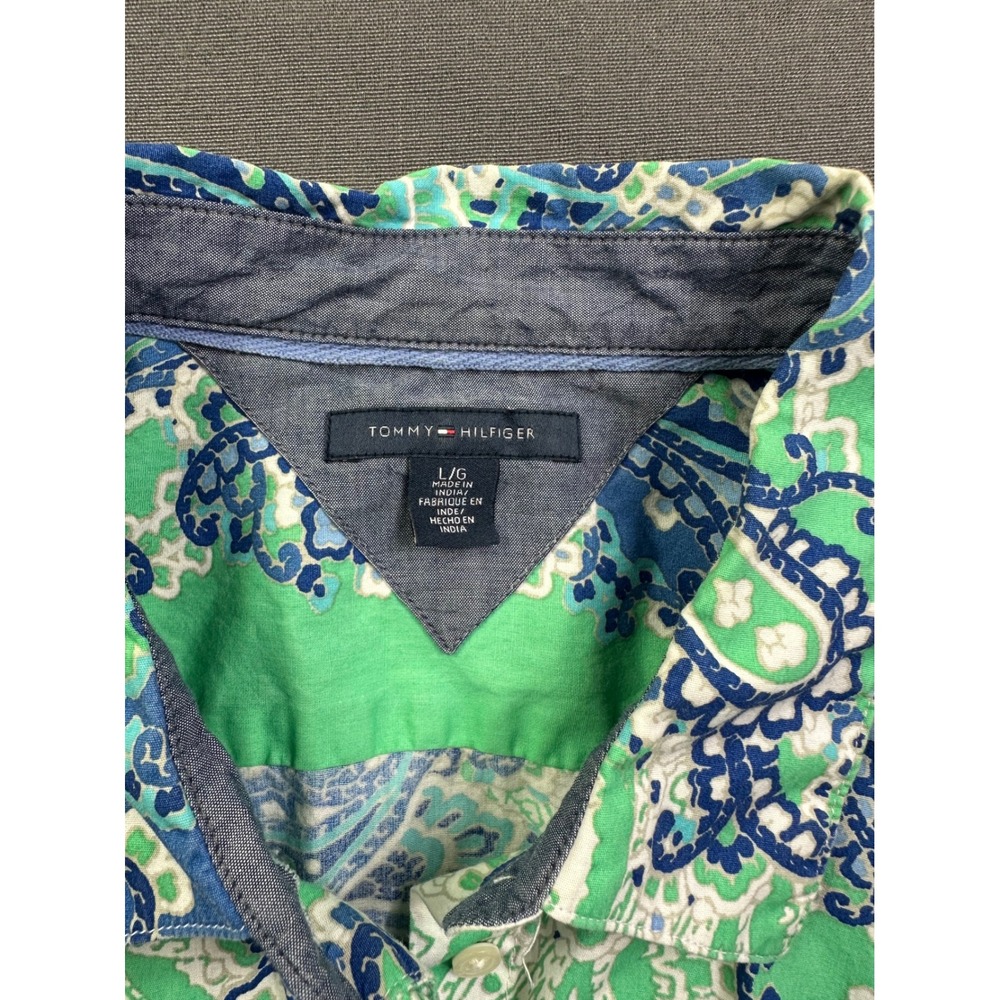 Tommy Hilfiger Women's Green Blue Paisley Long Sleeve‎ Button Down Shirt L Large